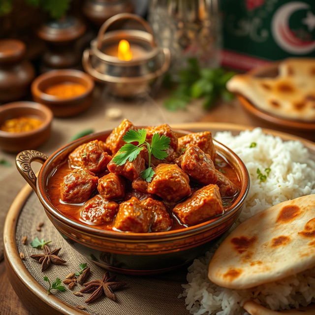 A delicious and aromatic Pakistani gosht curry, featuring tender pieces of marinated meat cooked in a rich and spicy gravy