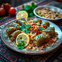 A beautiful and vibrant plate of Iraqi Dolma, featuring stuffed grape leaves, filled with a flavorful mixture of rice, herbs, and spices
