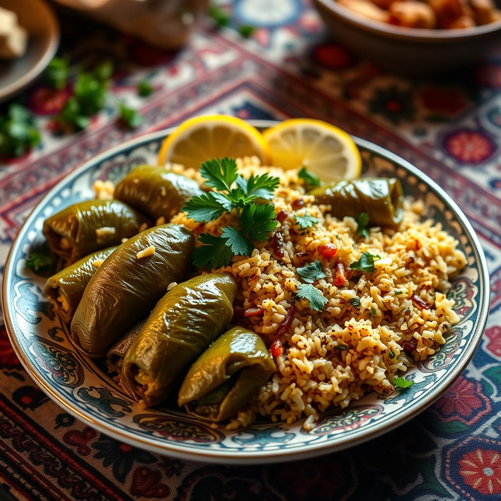 A beautiful and vibrant plate of Iraqi Dolma, featuring stuffed grape leaves, filled with a flavorful mixture of rice, herbs, and spices