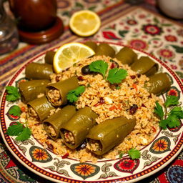 A beautiful and vibrant plate of Iraqi Dolma, featuring stuffed grape leaves, filled with a flavorful mixture of rice, herbs, and spices