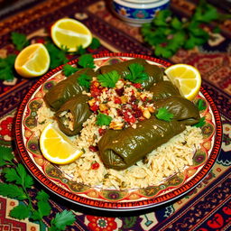 A beautiful and vibrant plate of Iraqi Dolma, featuring stuffed grape leaves, filled with a flavorful mixture of rice, herbs, and spices