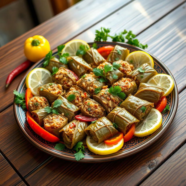 A vibrant and inviting plate of Iraqi dolma, beautifully arranged on a traditional Middle Eastern serving dish