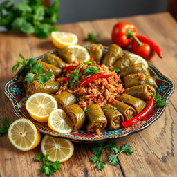 A vibrant and inviting plate of Iraqi dolma, beautifully arranged on a traditional Middle Eastern serving dish