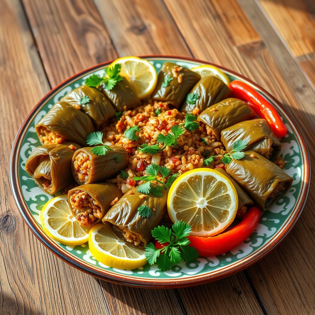 A vibrant and inviting plate of Iraqi dolma, beautifully arranged on a traditional Middle Eastern serving dish