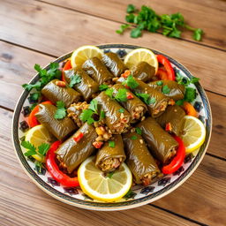 A vibrant and inviting plate of Iraqi dolma, beautifully arranged on a traditional Middle Eastern serving dish
