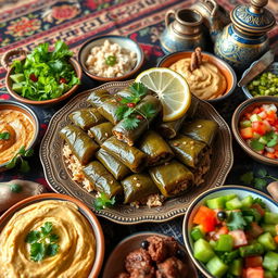 A beautiful display of traditional Iraqi dolma, featuring vine leaves stuffed with rice, herbs, and spices, garnished with fresh parsley and lemon slices