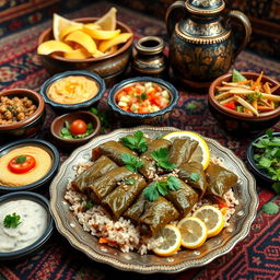 A beautiful display of traditional Iraqi dolma, featuring vine leaves stuffed with rice, herbs, and spices, garnished with fresh parsley and lemon slices