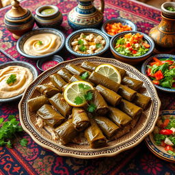 A beautiful display of traditional Iraqi dolma, featuring vine leaves stuffed with rice, herbs, and spices, garnished with fresh parsley and lemon slices