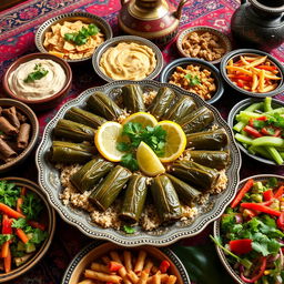 A beautiful display of traditional Iraqi dolma, featuring vine leaves stuffed with rice, herbs, and spices, garnished with fresh parsley and lemon slices