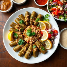 A beautifully arranged plate of traditional Iraqi dolma, showcasing grape leaves stuffed with a flavorful mixture of rice, meat, and spices