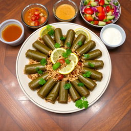 A beautifully arranged plate of traditional Iraqi dolma, showcasing grape leaves stuffed with a flavorful mixture of rice, meat, and spices