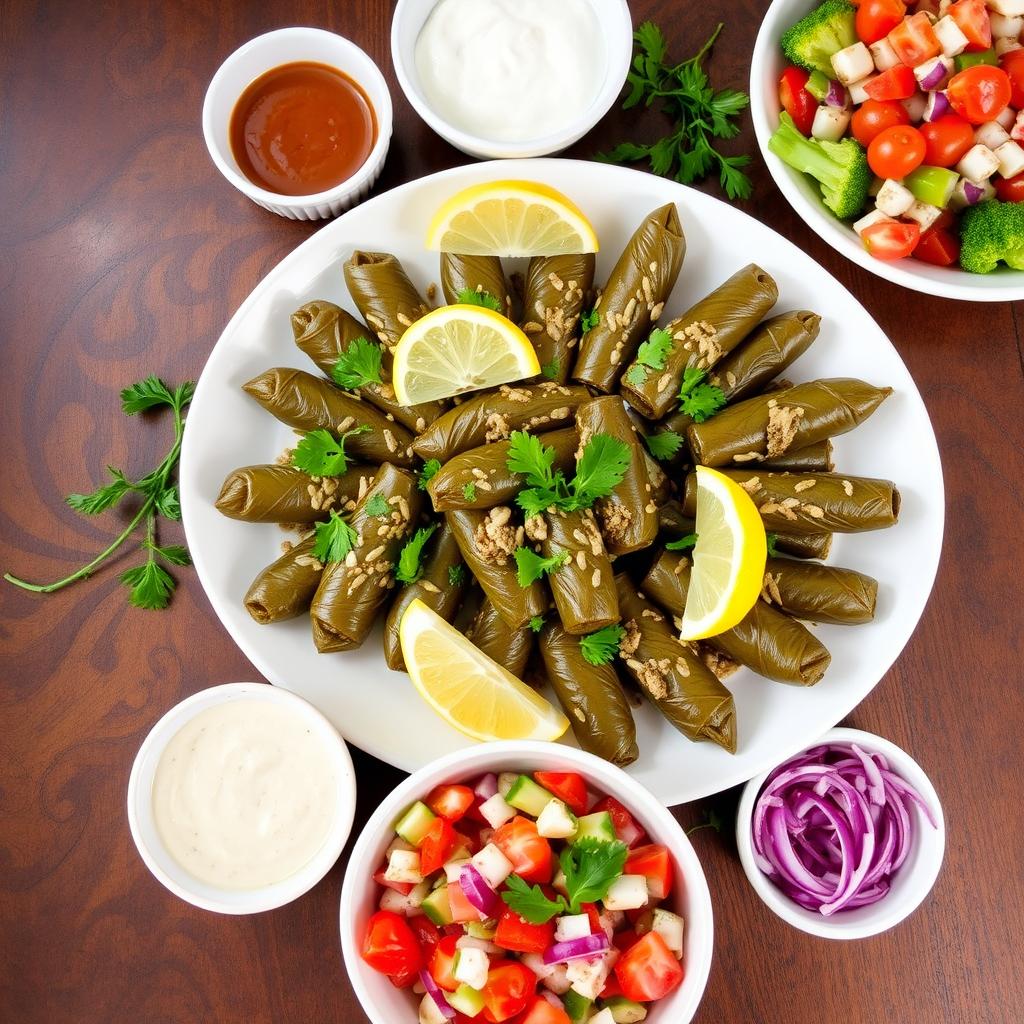 A beautifully arranged plate of traditional Iraqi dolma, showcasing grape leaves stuffed with a flavorful mixture of rice, meat, and spices