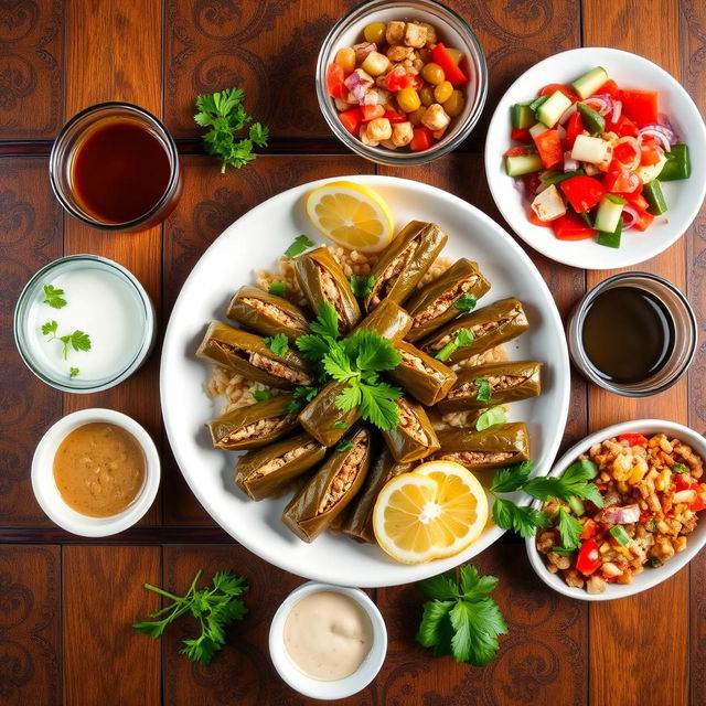 A beautifully arranged plate of traditional Iraqi dolma, showcasing grape leaves stuffed with a flavorful mixture of rice, meat, and spices