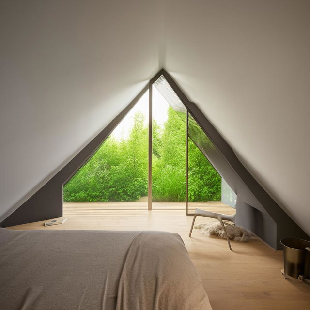 A modern bedroom in an unusually shaped room featuring one small window