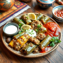 A traditional Iraqi dolma platter, beautifully arranged on a rustic wooden table, showcasing stuffed grape leaves, zucchini, and peppers filled with a mixture of rice, meat, and aromatic spices