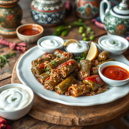 A traditional Iraqi dolma platter, beautifully arranged on a rustic wooden table, showcasing stuffed grape leaves, zucchini, and peppers filled with a mixture of rice, meat, and aromatic spices