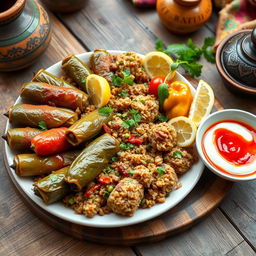 A traditional Iraqi dolma platter, beautifully arranged on a rustic wooden table, showcasing stuffed grape leaves, zucchini, and peppers filled with a mixture of rice, meat, and aromatic spices