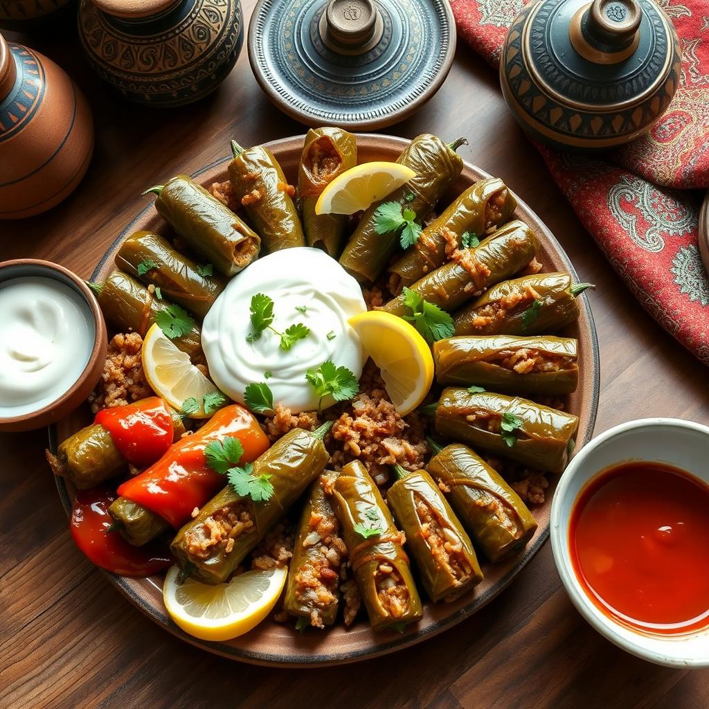 A traditional Iraqi dolma platter, beautifully arranged on a rustic wooden table, showcasing stuffed grape leaves, zucchini, and peppers filled with a mixture of rice, meat, and aromatic spices