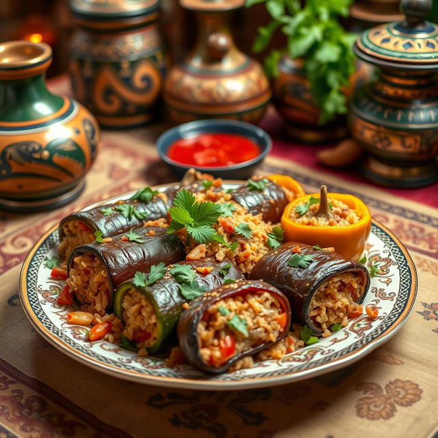 A plate of delicious Iraqi dolma, stuffed with a variety of vegetables and seasoned rice, garnished with fresh herbs, displayed beautifully on a traditional Middle Eastern table