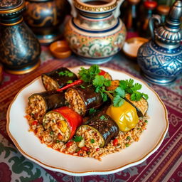 A plate of delicious Iraqi dolma, stuffed with a variety of vegetables and seasoned rice, garnished with fresh herbs, displayed beautifully on a traditional Middle Eastern table