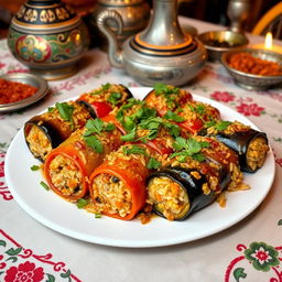 A plate of delicious Iraqi dolma, stuffed with a variety of vegetables and seasoned rice, garnished with fresh herbs, displayed beautifully on a traditional Middle Eastern table