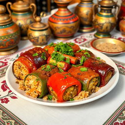 A plate of delicious Iraqi dolma, stuffed with a variety of vegetables and seasoned rice, garnished with fresh herbs, displayed beautifully on a traditional Middle Eastern table