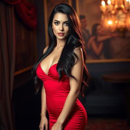 A stunning and alluring woman wearing a glamorous, form-fitting red dress that accentuates her curves, with her long, dark hair cascading down her shoulders