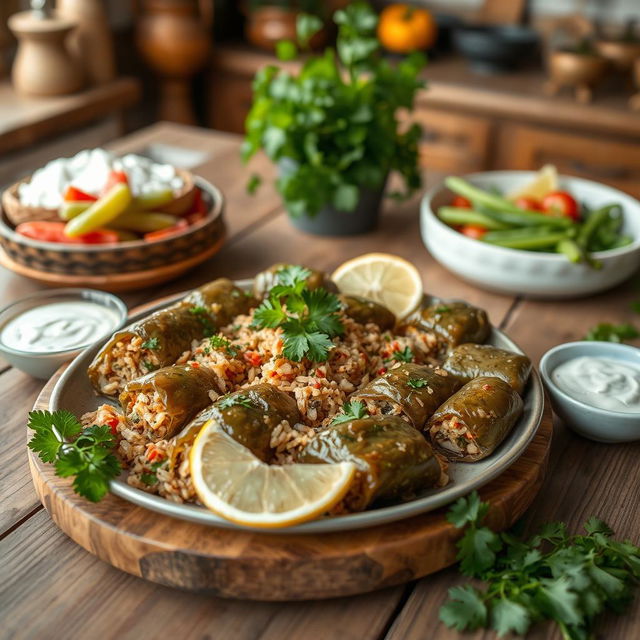 A traditional Iraqi Dolma dish, beautifully presented on a wooden table