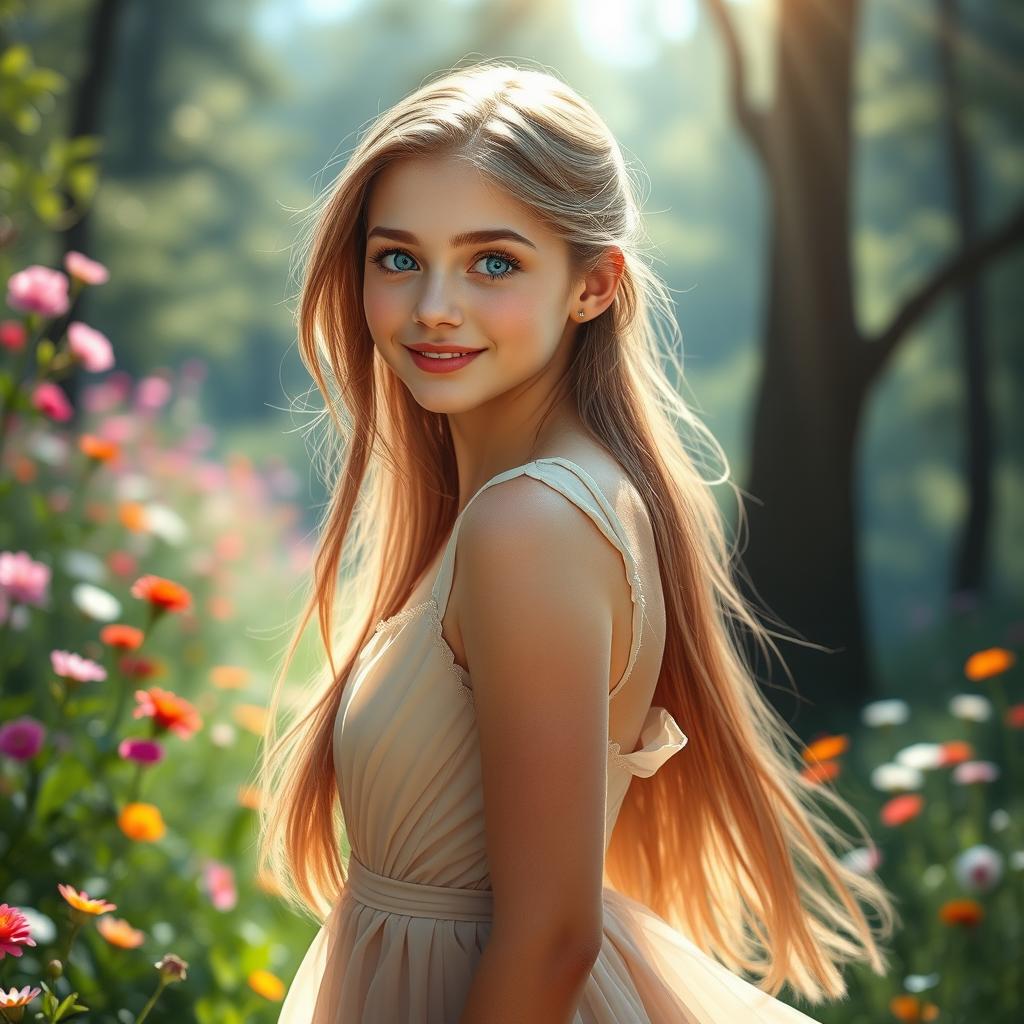 An image of the most beautiful girl in the world, with exquisite features including sparkling blue eyes, long flowing hair cascading down her back, and a warm, inviting smile