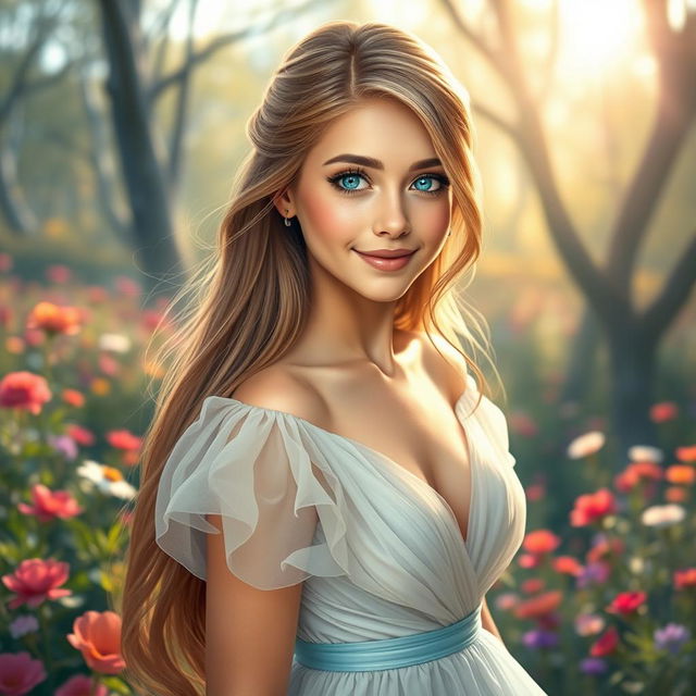 An image of the most beautiful girl in the world, with exquisite features including sparkling blue eyes, long flowing hair cascading down her back, and a warm, inviting smile