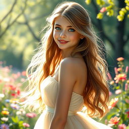 An image of the most beautiful girl in the world, with exquisite features including sparkling blue eyes, long flowing hair cascading down her back, and a warm, inviting smile