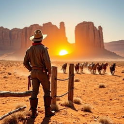 A vast Western landscape featuring a dusty desert scene, with iconic red rock formations under a bright blue sky