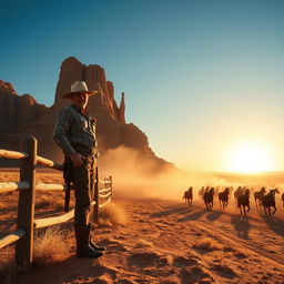 A vast Western landscape featuring a dusty desert scene, with iconic red rock formations under a bright blue sky