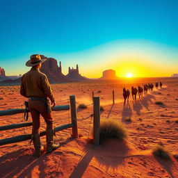 A vast Western landscape featuring a dusty desert scene, with iconic red rock formations under a bright blue sky