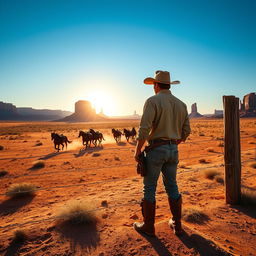 A vast Western landscape featuring a dusty desert scene, with iconic red rock formations under a bright blue sky