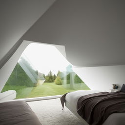 A modern bedroom in an unusually shaped room featuring one small window