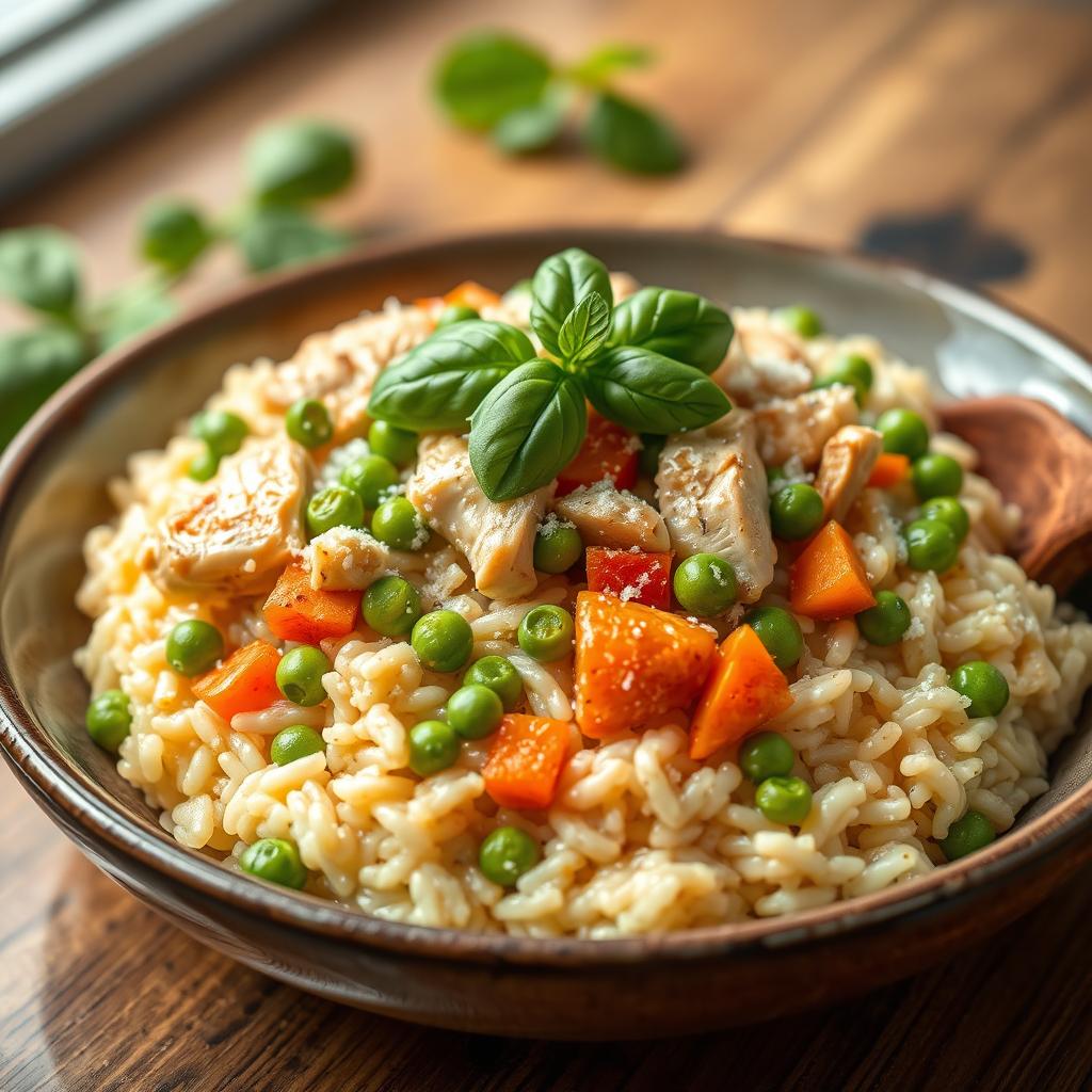 A beautiful plate of chicken and vegetable risotto, featuring creamy arborio rice cooked to perfection, topped with tender pieces of sautéed chicken, vibrant green peas, bell peppers, and carrots, garnished with fresh basil and grated parmesan cheese