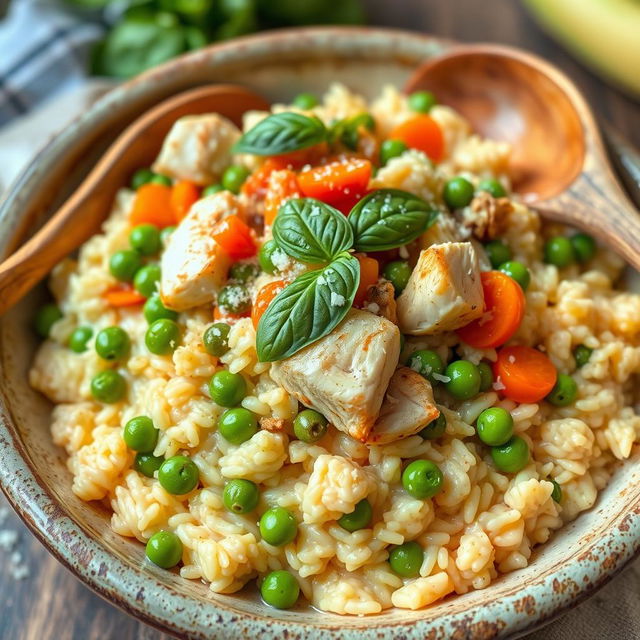 A beautiful plate of chicken and vegetable risotto, featuring creamy arborio rice cooked to perfection, topped with tender pieces of sautéed chicken, vibrant green peas, bell peppers, and carrots, garnished with fresh basil and grated parmesan cheese