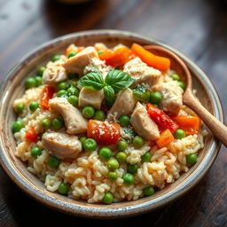 A beautiful plate of chicken and vegetable risotto, featuring creamy arborio rice cooked to perfection, topped with tender pieces of sautéed chicken, vibrant green peas, bell peppers, and carrots, garnished with fresh basil and grated parmesan cheese