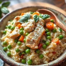 A beautiful plate of chicken and vegetable risotto, featuring creamy arborio rice cooked to perfection, topped with tender pieces of sautéed chicken, vibrant green peas, bell peppers, and carrots, garnished with fresh basil and grated parmesan cheese
