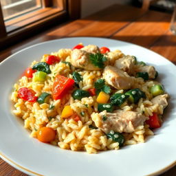 A delicious plate of vegetable and chicken risotto, showcasing creamy rice cooked to perfection, adorned with colorful vegetables such as bell peppers, zucchini, and spinach