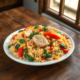 A delicious plate of vegetable and chicken risotto, showcasing creamy rice cooked to perfection, adorned with colorful vegetables such as bell peppers, zucchini, and spinach