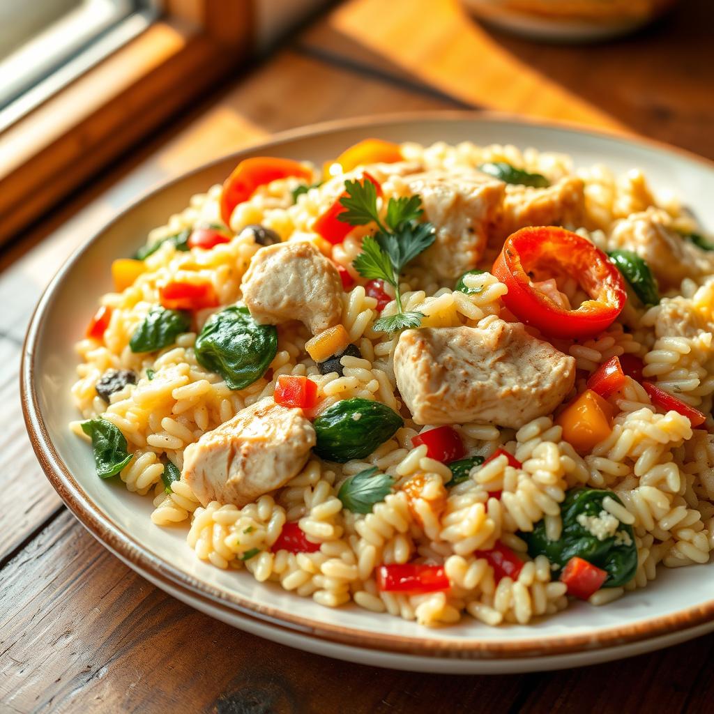 A delicious plate of vegetable and chicken risotto, showcasing creamy rice cooked to perfection, adorned with colorful vegetables such as bell peppers, zucchini, and spinach