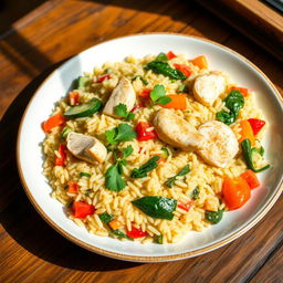 A delicious plate of vegetable and chicken risotto, showcasing creamy rice cooked to perfection, adorned with colorful vegetables such as bell peppers, zucchini, and spinach