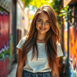 A realistic portrait of a young woman with an engaging smile, long flowing brown hair, and striking blue eyes