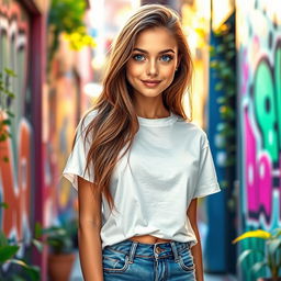 A realistic portrait of a young woman with an engaging smile, long flowing brown hair, and striking blue eyes