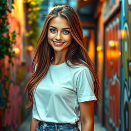 A realistic portrait of a young woman with an engaging smile, long flowing brown hair, and striking blue eyes