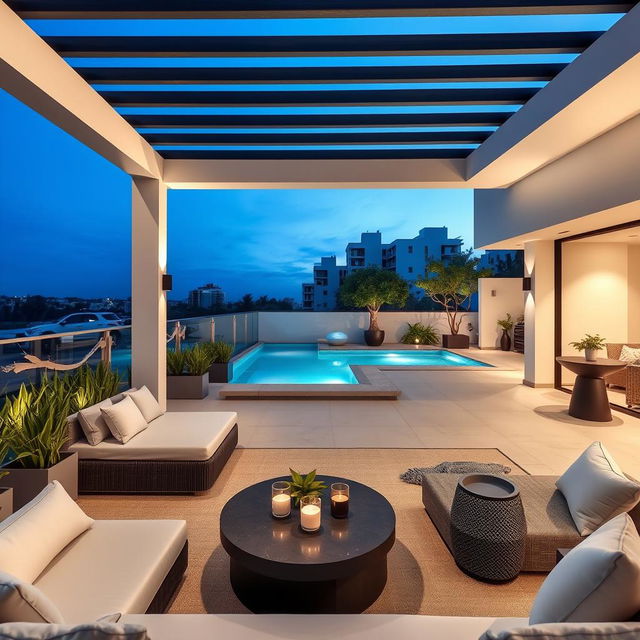 Una terraza moderna y elegante con una piscina