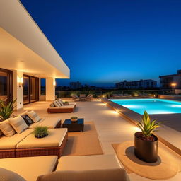 Una terraza moderna y elegante con una piscina