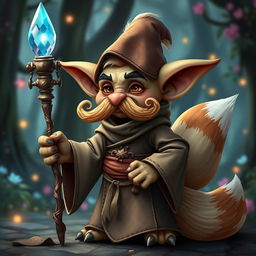 A whimsical goblin character with a prominent, curled mustache, elegantly dressed in flowing robes adorned with intricate patterns